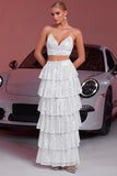 Sparkly White Sequin Two Piece Maxi Prom Dress with Ruffles