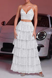 Sparkly White Sequin Two Piece Maxi Prom Dress with Ruffles