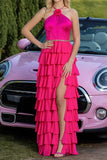 Sparkly Fuchsia Tiered Satin Ruffled Maxi Prom Dress with Flower