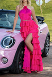 Sparkly Fuchsia Tiered Satin Ruffled Maxi Prom Dress with Flower