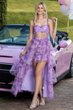 Floral Purple Tiered Cut Out High-Low Prom Dress with Ruffles