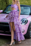 Floral Purple Tiered Cut Out High-Low Prom Dress with Ruffles