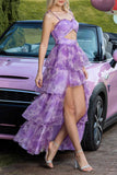 Floral Purple Tiered Cut Out High-Low Prom Dress with Ruffles