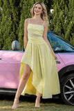 Yellow A Line Square Neck Ruched Asymmetrical Prom Dress