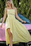 Yellow A Line Square Neck Ruched Asymmetrical Prom Dress