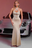 Sparkly Champagne Mermaid Satin Maxi Prom Dress with Keyholes