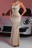 Sparkly Champagne Mermaid Satin Maxi Prom Dress with Keyholes