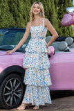 Blue Tiered Floral Print Ruffled Maxi Prom Dress with Bows