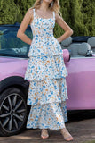 Blue Tiered Floral Print Ruffled Maxi Prom Dress with Bows