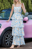 Blue Tiered Floral Print Ruffled Maxi Prom Dress with Bows