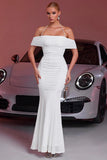 Sparkly White Sequin Ruched Mermaid Maxi Prom Dress