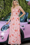 Blush Floral Print Sheath Maxi Prom Dress with String