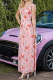 Blush Floral Print Sheath Maxi Prom Dress with String