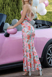 Blush Floral Print Mermaid Ruched Maxi Prom Dress with Slit