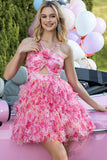 Fuchsia Floral Cut Out Mini Prom Dress with Ruffles