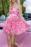 Fuchsia Floral Cut Out Mini Prom Dress with Ruffles