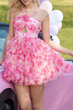 Fuchsia Floral Cut Out Mini Prom Dress with Ruffles