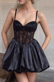 Black Satin Corset A Line Mini Prom Dress with Lace