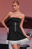 Black Strapless A Line Mini Prom Dress with Ruffles