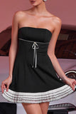 Black Strapless A Line Mini Prom Dress with Ruffles