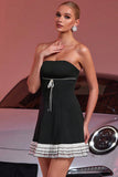 Black Strapless A Line Mini Prom Dress with Ruffles