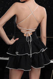 Black Tiered A Line Striped Mini Prom Dress with Ruffles
