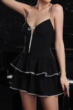 Black Tiered A Line Striped Mini Prom Dress with Ruffles