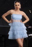 Sparkly Blue Corset Sequin Tiered Mini Prom Dress with Ruffles