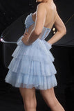 Sparkly Blue Corset Sequin Tiered Mini Prom Dress with Ruffles