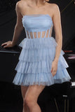 Sparkly Blue Corset Sequin Tiered Mini Prom Dress with Ruffles