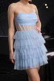 Sparkly Blue Corset Sequin Tiered Mini Prom Dress with Ruffles