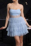Sparkly Blue Corset Sequin Tiered Mini Prom Dress with Ruffles
