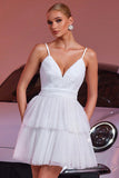 White Tulle Tiered A Line Mini Prom Dress with Ruffles