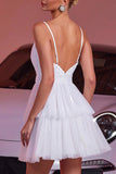 White Tulle Tiered A Line Mini Prom Dress with Ruffles