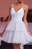 White Tulle Tiered A Line Mini Prom Dress with Ruffles