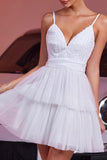 White Tulle Tiered A Line Mini Prom Dress with Ruffles