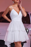 White Tulle Tiered A Line Mini Prom Dress with Ruffles