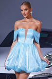 Blue Satin A Line Lace Up Back Mini Prom Dress