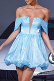 Blue Satin A Line Lace Up Back Mini Prom Dress
