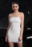 Sparkly White Spaghetti Straps Tight Mini Prom Dress with Pearls