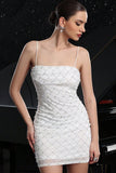 Sparkly White Spaghetti Straps Tight Mini Prom Dress with Pearls