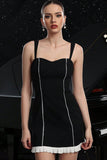 Black Bodycon Striped Tight Mini Prom Dress with Ruffles