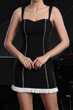Black Bodycon Striped Tight Mini Prom Dress with Ruffles