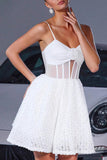 White A Line Floral Corset Mini Prom Dress with Keyhole