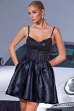 Sparkly Navy A Line Satin Corset Mini Prom Dress with Rhinestone