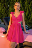 Fuchsia A Line Cut Out V-Neck Mini Prom Dress with Ruffles