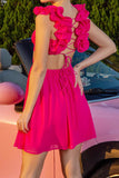Fuchsia A Line Cut Out V-Neck Mini Prom Dress with Ruffles