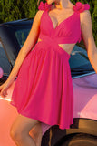 Fuchsia A Line Cut Out V-Neck Mini Prom Dress with Ruffles