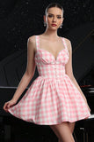 Blush Plaid A Line Mini Vintage Prom Dress