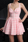 Blush Plaid A Line Mini Vintage Prom Dress